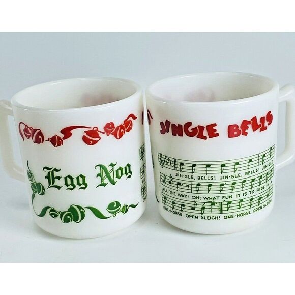 Hazel Atlas Egg Nog Jingle Bells Milk Glass Cups Mugs Set of 2 Tom & Jerry VTG - Picture 1 of 7